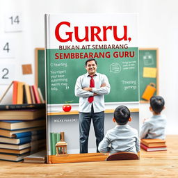 A book cover titled 'Guru, Bukan Sembarang Guru' featuring an inspiring and motivational teacher