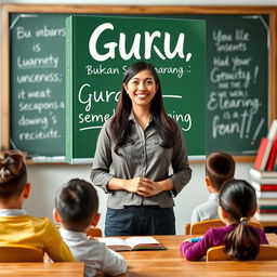 A book cover titled 'Guru, Bukan Sembarang Guru' featuring an inspiring and motivational female teacher who is friendly with her students