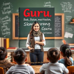 A book cover titled 'Guru, Bukan Sembarang Guru' featuring an inspiring and motivational female teacher who is friendly with her students