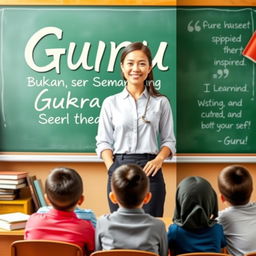 A book cover titled 'Guru, Bukan Sembarang Guru' featuring an inspiring and motivational female teacher who is friendly with her students