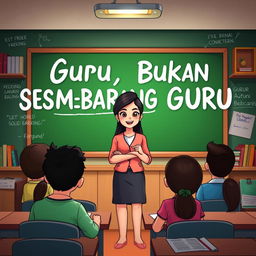 An animated book cover titled 'Guru, Bukan Sembarang Guru' featuring an inspiring and motivational female teacher who is friendly with her students