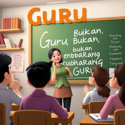 An animated book cover titled 'Guru, Bukan Sembarang Guru' featuring an inspiring and motivational female teacher who is friendly with her students