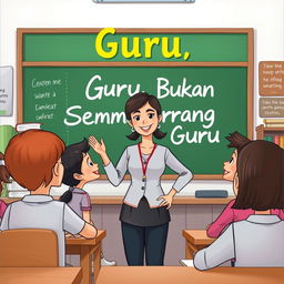 An animated book cover titled 'Guru, Bukan Sembarang Guru' featuring an inspiring and motivational female teacher who is friendly with her students