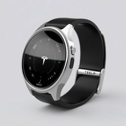 A sleek, wearable watch designed to resemble the Tesla cockpit, featuring a streamlined, futuristic interface