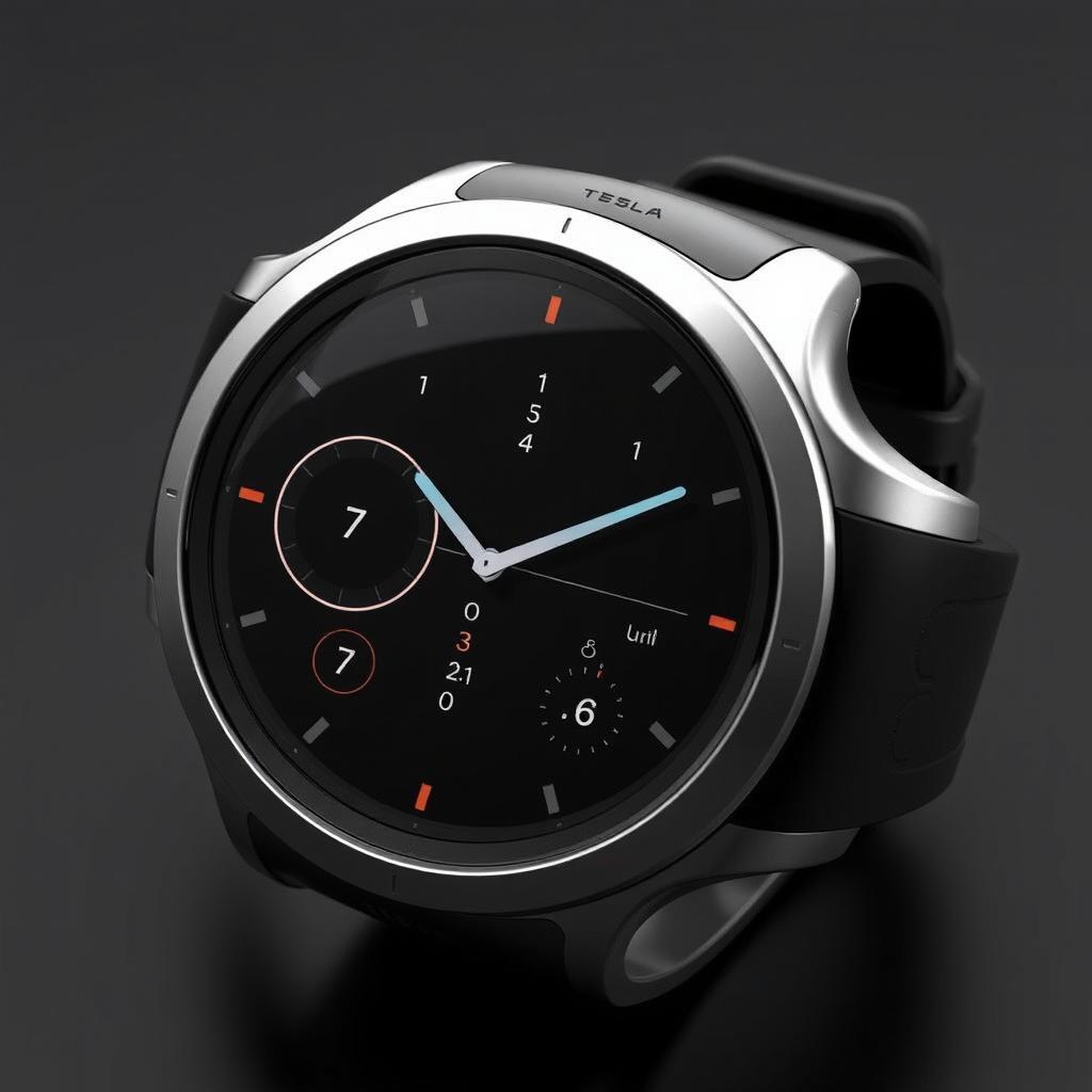 A sleek, wearable watch designed to resemble the Tesla cockpit, featuring a streamlined, futuristic interface