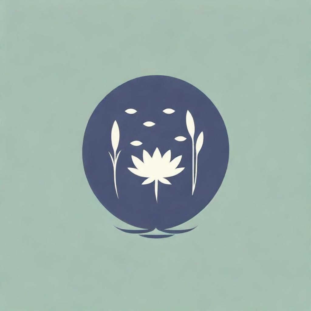 Logo featuring aquatic plants like seaweed, water lilies, and cattails in a minimalist style