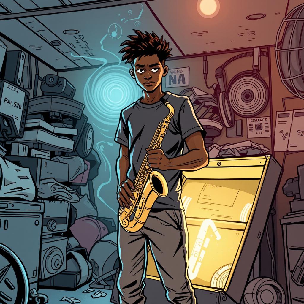 In a comic book style, an 18-year-old Black male named Denzel Mateo Keller stands in a mysterious stance in a cluttered garage, wearing a t-shirt and pants