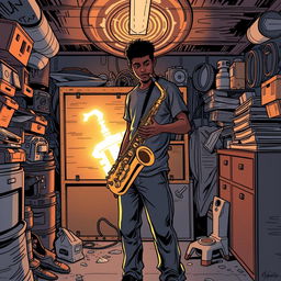 In a comic book style, an 18-year-old Black male named Denzel Mateo Keller stands in a mysterious stance in a cluttered garage, wearing a t-shirt and pants