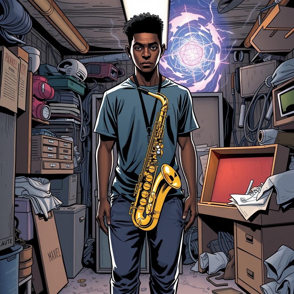 In a comic book style, an 18-year-old Black male named Denzel Mateo Keller stands in a mysterious stance in a cluttered garage, wearing a t-shirt and pants