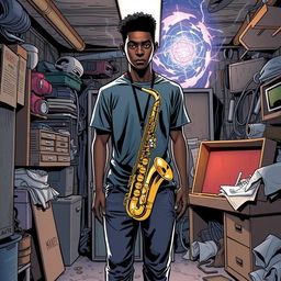 In a comic book style, an 18-year-old Black male named Denzel Mateo Keller stands in a mysterious stance in a cluttered garage, wearing a t-shirt and pants