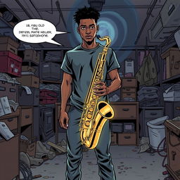 In a comic book style, an 18-year-old Black male named Denzel Mateo Keller stands in a mysterious stance in a cluttered garage, wearing a t-shirt and pants