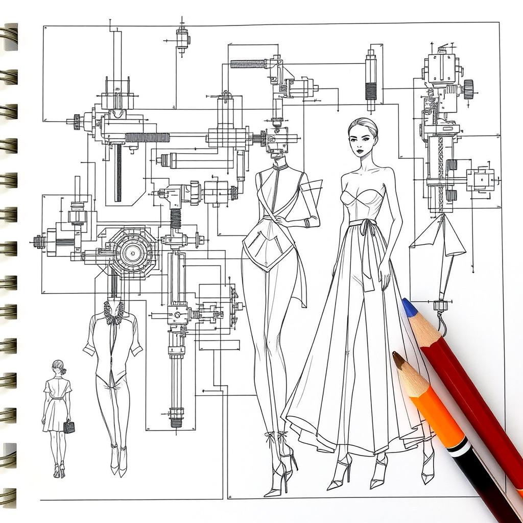 Create an engineering drawing that focuses on the fashion industry, showcasing cover page designs