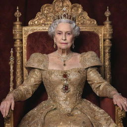 A regal queen named Rita, dressed in elegant royal attire, seated on a gold-encrusted throne, holding a jeweled scepter