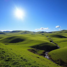 A beautiful landscape with rolling green hills, a clear blue sky, and a bright sun shining down