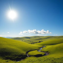 A beautiful landscape with rolling green hills, a clear blue sky, and a bright sun shining down