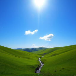 A beautiful landscape with rolling green hills, a clear blue sky, and a bright sun shining down