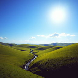 A beautiful landscape with rolling green hills, a clear blue sky, and a bright sun shining down