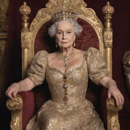 A regal queen named Rita, dressed in elegant royal attire, seated on a gold-encrusted throne, holding a jeweled scepter