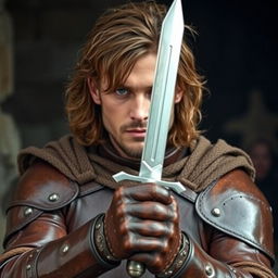 A man wearing leather armor, with brown hair, holding a dagger in his hands