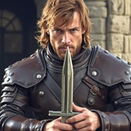 A man wearing leather armor, with brown hair, holding a dagger in his hands