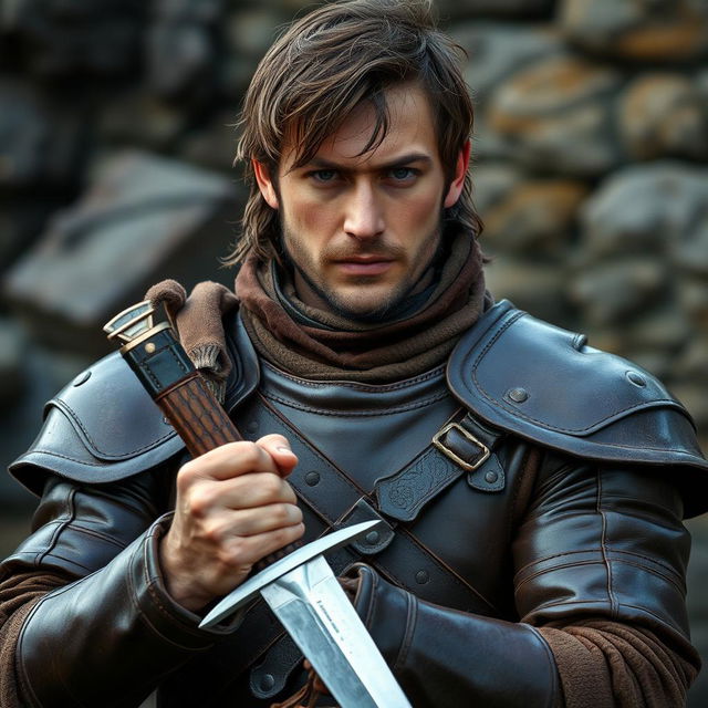 A man wearing leather armor, with brown hair, holding a dagger in his hands