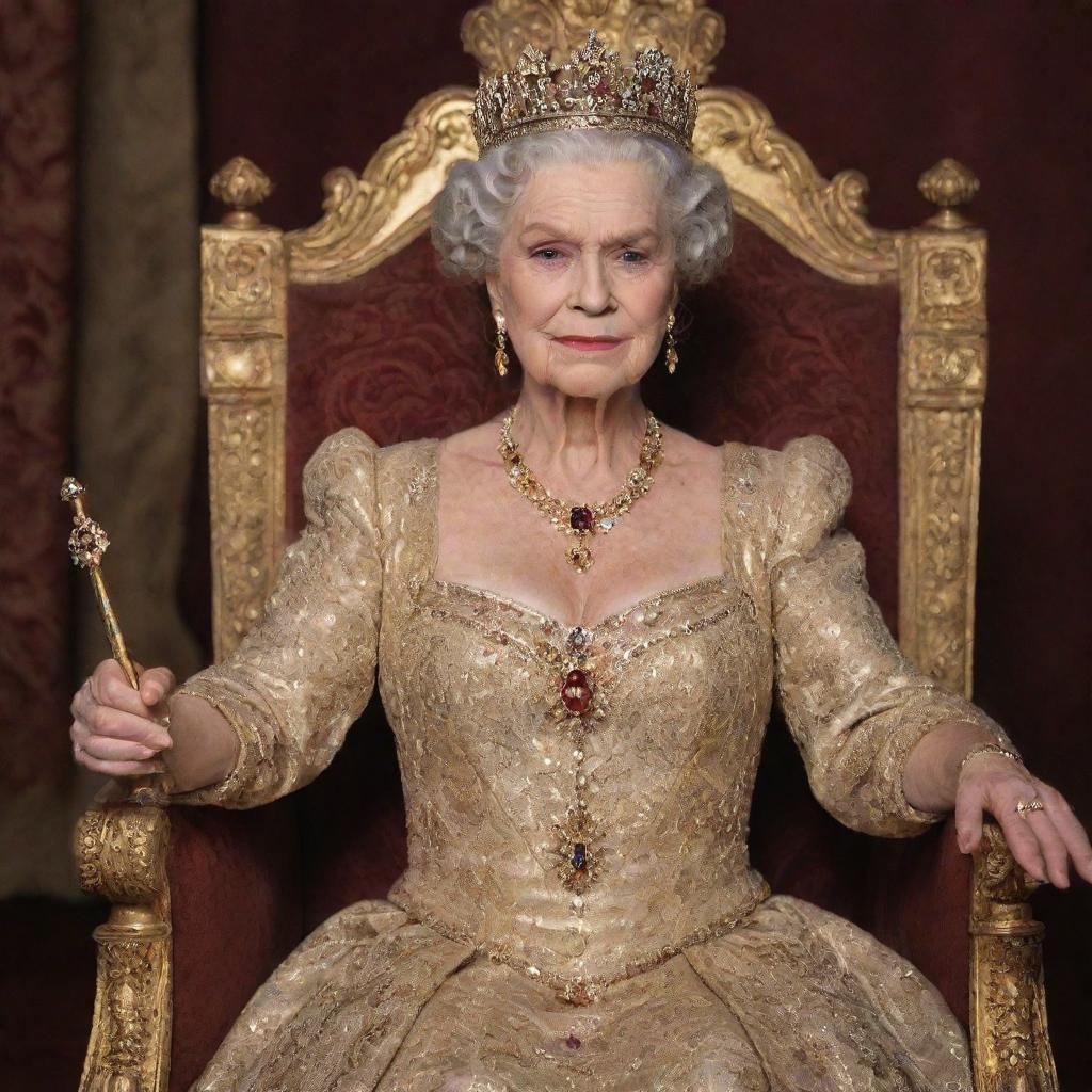 A regal queen named Rita, dressed in elegant royal attire, seated on a gold-encrusted throne, holding a jeweled scepter