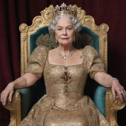 A regal queen named Rita, dressed in elegant royal attire, seated on a gold-encrusted throne, holding a jeweled scepter