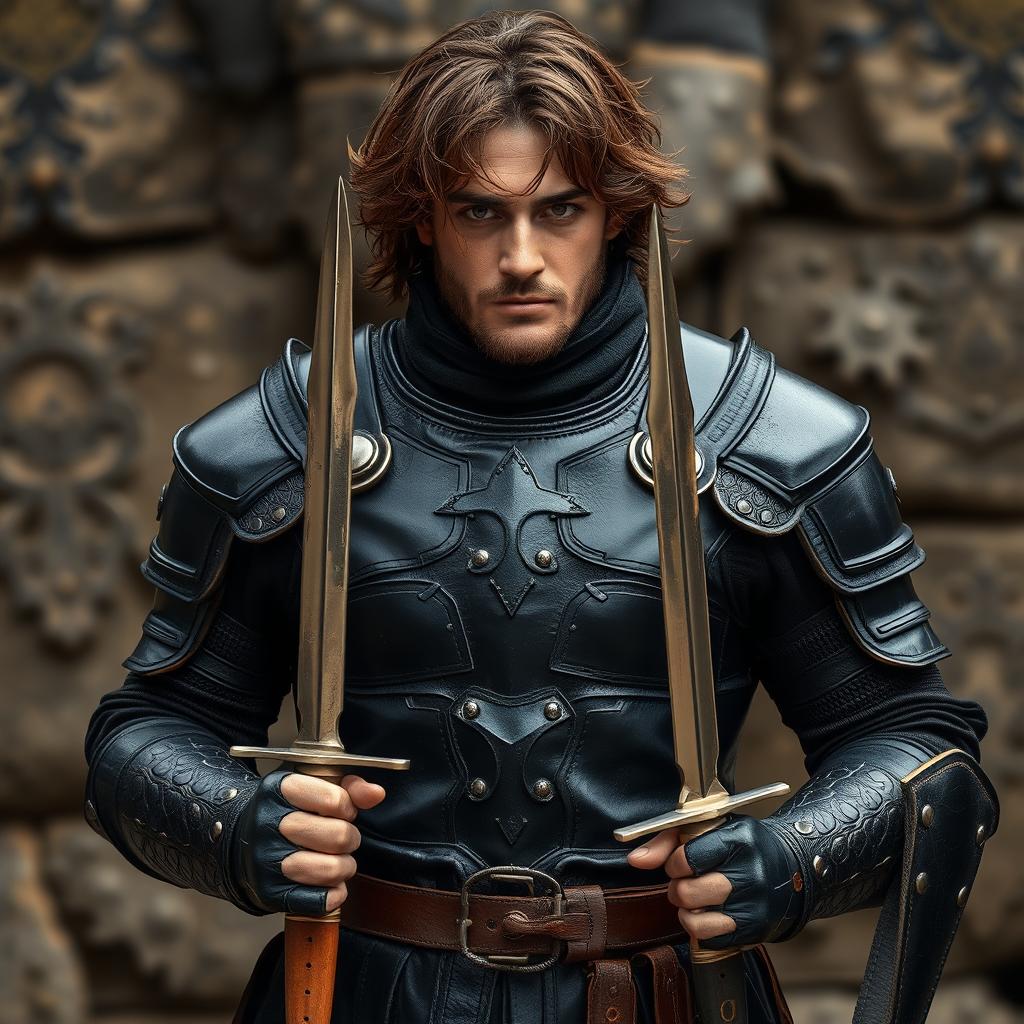 A man wearing black leather armor, with brown hair, holding a dagger in each hand