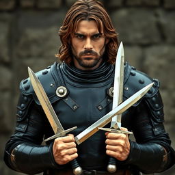 A man wearing black leather armor, with brown hair, holding a dagger in each hand