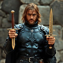 A man wearing black leather armor, with brown hair, holding a dagger in each hand