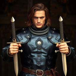 A man wearing black leather armor, with brown hair, holding a dagger in each hand