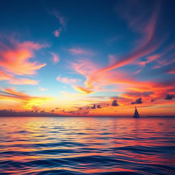 Generate an image with a beautiful sunset over a calm ocean, with vibrant colors in the sky reflecting on the water