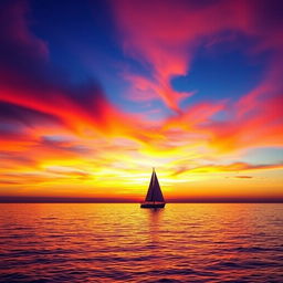 Generate an image with a beautiful sunset over a calm ocean, with vibrant colors in the sky reflecting on the water