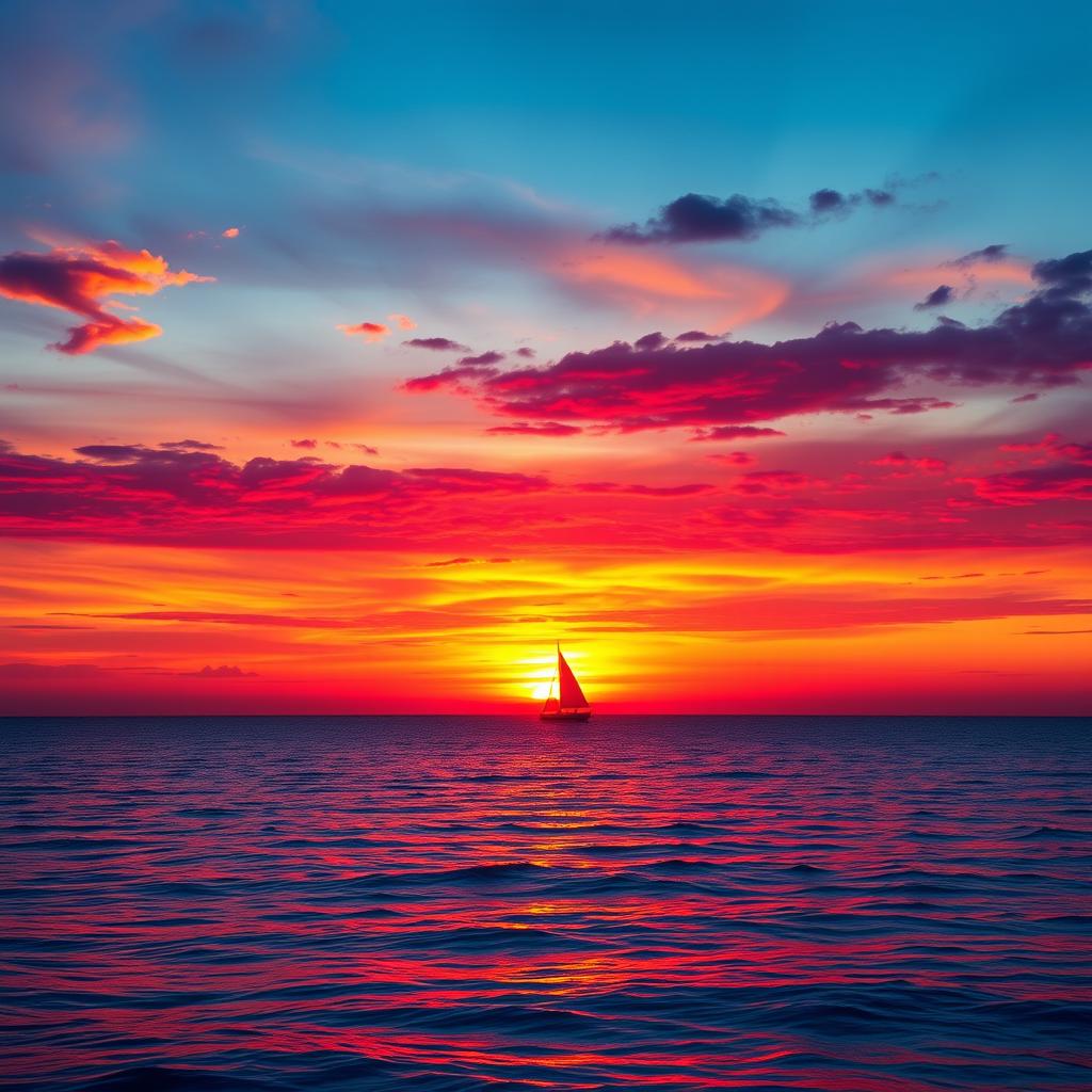 Generate an image with a beautiful sunset over a calm ocean, with vibrant colors in the sky reflecting on the water