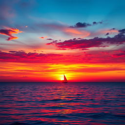 Generate an image with a beautiful sunset over a calm ocean, with vibrant colors in the sky reflecting on the water