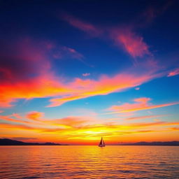 Generate an image with a beautiful sunset over a calm ocean, with vibrant colors in the sky reflecting on the water