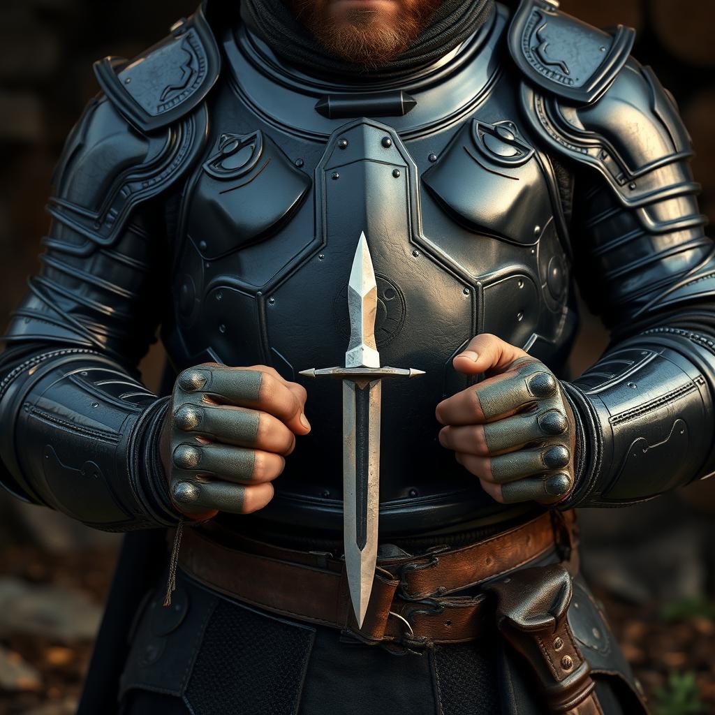 A man whose full body is visible, wearing black armor, and holding a small dagger in his hands