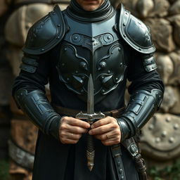 A man whose full body is visible, wearing black armor, and holding a small dagger in his hands