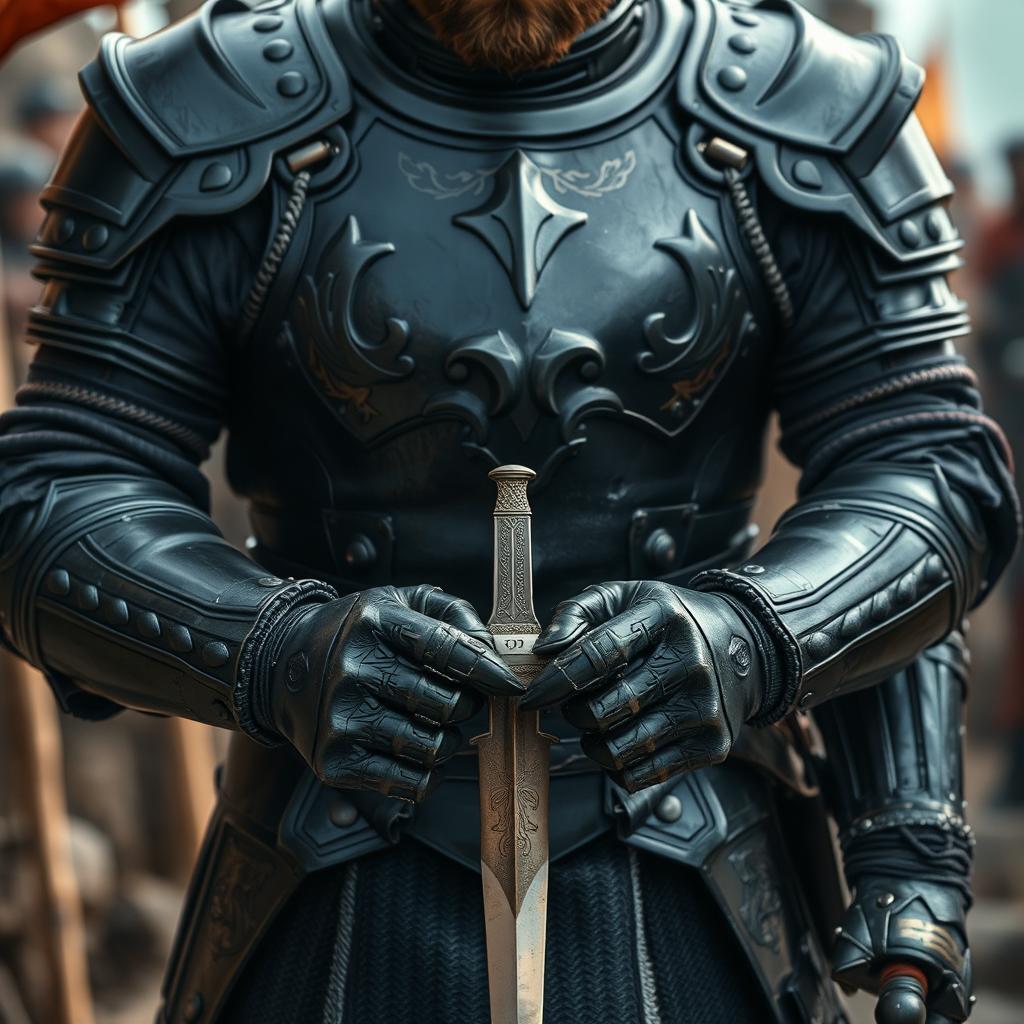 A man whose full body is visible, wearing black armor, and holding a small dagger in his hands