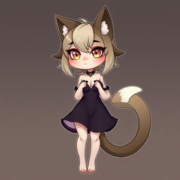 A cute and seductive cat beastfolk character with feline ears and a tail, wearing a stylish dress