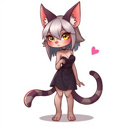 A cute and seductive cat beastfolk character with feline ears and a tail, wearing a stylish dress