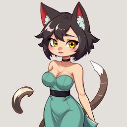 A cute and seductive cat beastfolk character with feline ears and a tail, wearing a stylish dress