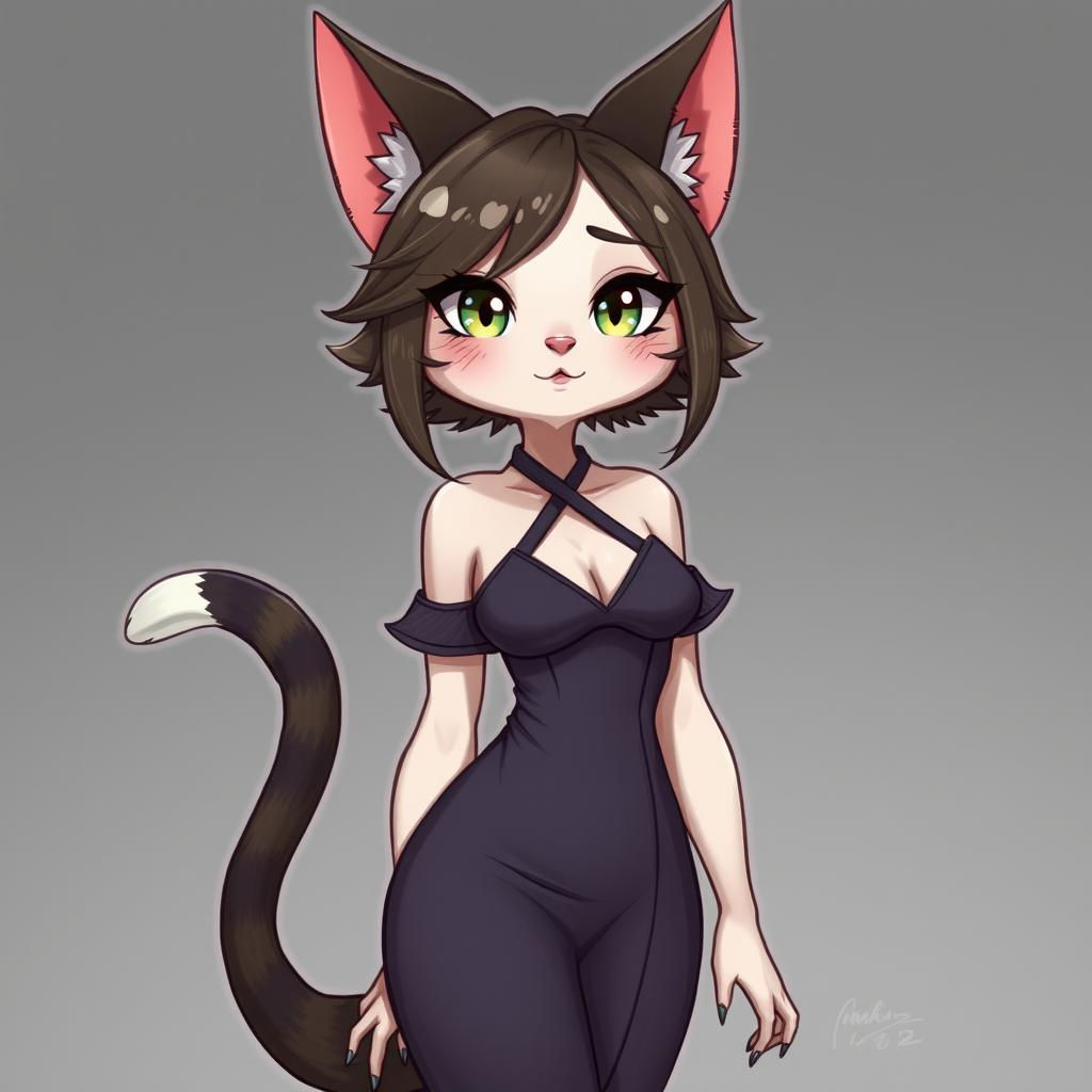 A cute and seductive cat beastfolk character with feline ears and a tail, wearing a stylish dress