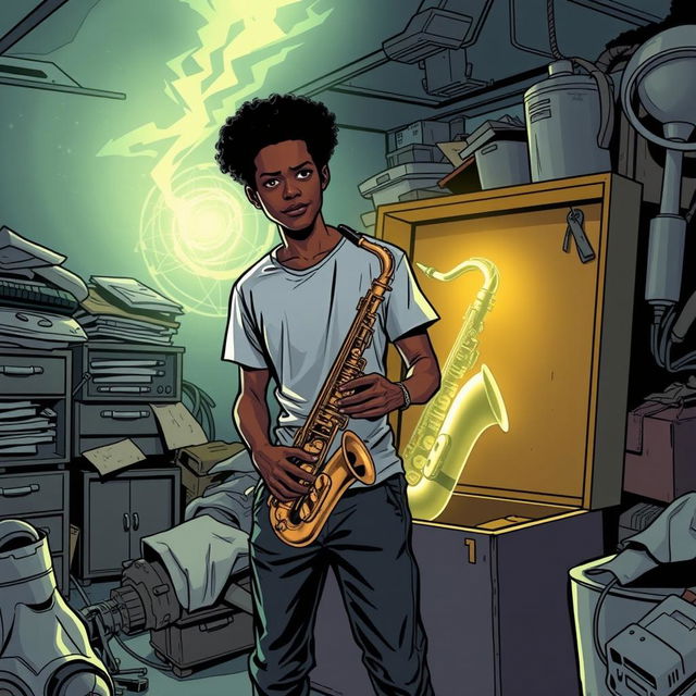 In a comic book style, an 18-year-old Black male named Denzel Mateo Keller stands mysteriously in a cluttered garage, wearing a t-shirt and pants