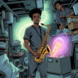 In a comic book style, an 18-year-old Black male named Denzel Mateo Keller stands mysteriously in a cluttered garage, wearing a t-shirt and pants