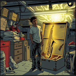 In a comic book style, an 18-year-old Black male named Denzel Mateo Keller stands mysteriously in a cluttered garage, wearing a t-shirt and pants