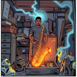 In a comic book style, an 18-year-old Black male named Denzel Mateo Keller stands mysteriously in a cluttered garage, wearing a t-shirt and pants