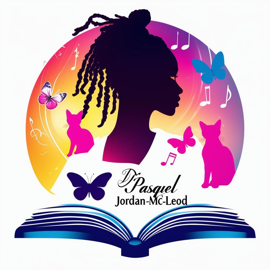 Design an elegant logo for a book featuring a silhouette of a woman with short dreadlocks, music notes, butterflies, two cat silhouettes, and an open book