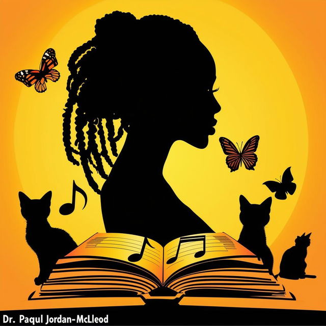 Create an elegant and vibrant logo for a book featuring a silhouette of a woman with short dreadlocks, music notes, butterflies, two cat silhouettes, and an open book