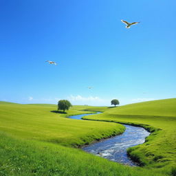 A serene landscape featuring a clear blue sky, lush green meadows, and a sparkling river flowing through the middle